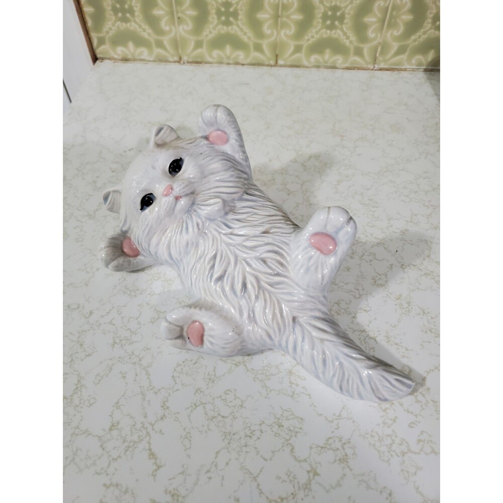 Vintage White Persian Cat Kitten Figurine Playful Poae Pink Paws 8"